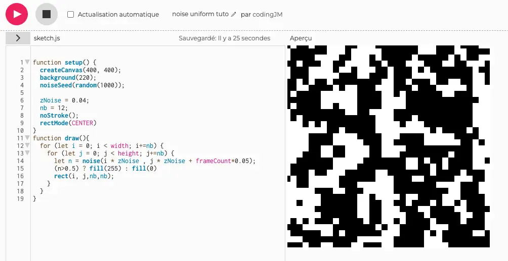 A Perlin noise on a 2D grid in the p5.js editor